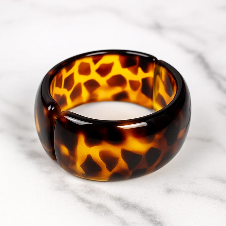 Tortoise Spotted with Gold Lining – Vintage Lucite Clamper Bracelet by Leetie Lovendale (Preorder: Ships in 2-3 Weeks)