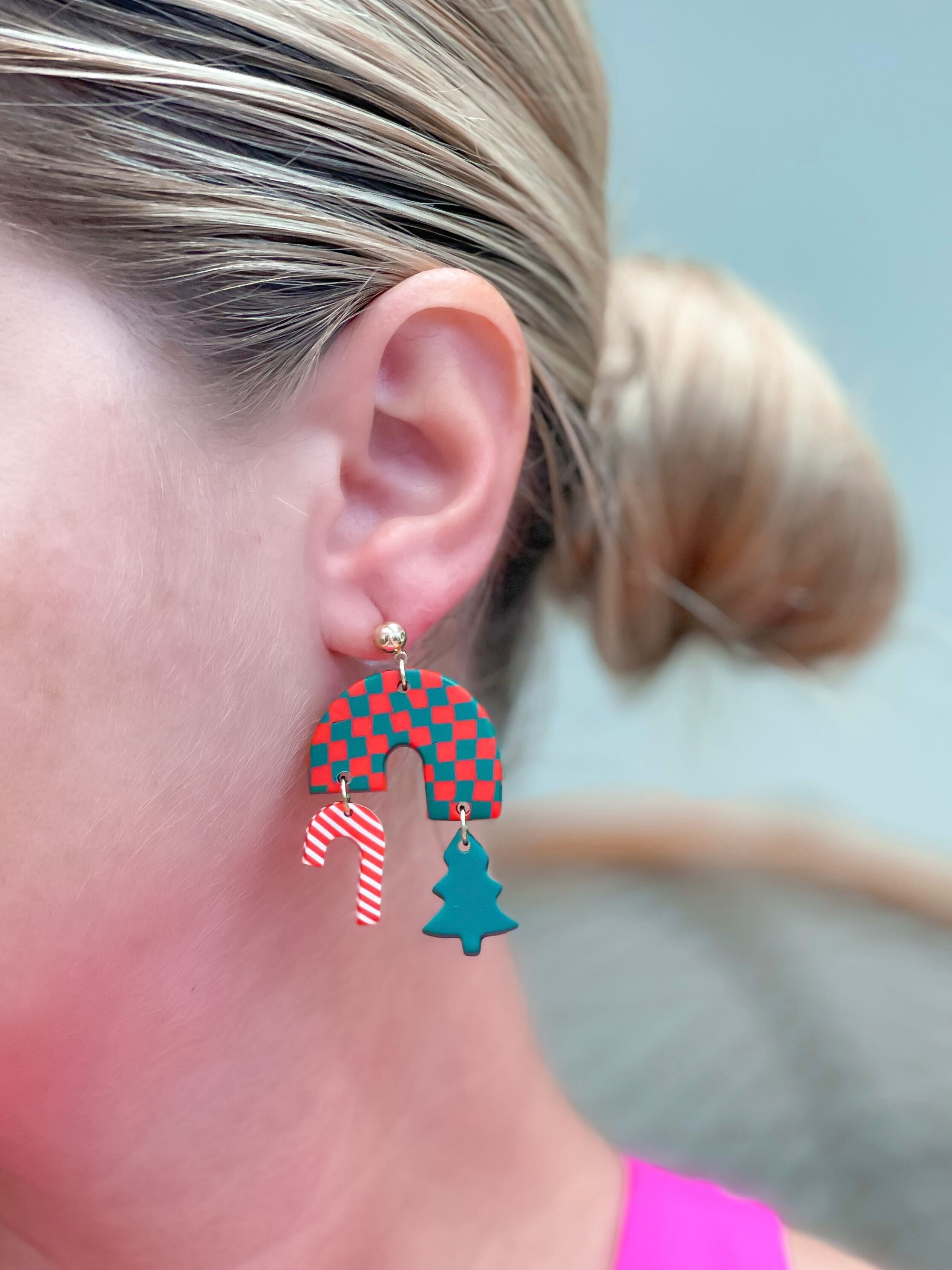 Christmas Checkered Clay Dangle Earrings