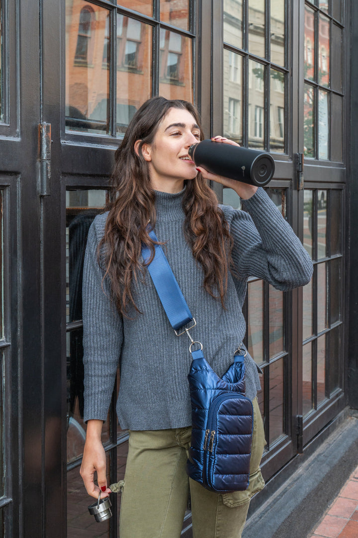 JUNE MARKET: Navy Blue Shiny HydroBag® with Matching Solid Navy Strap by Wanderfull (Ships in 2-3 Weeks)