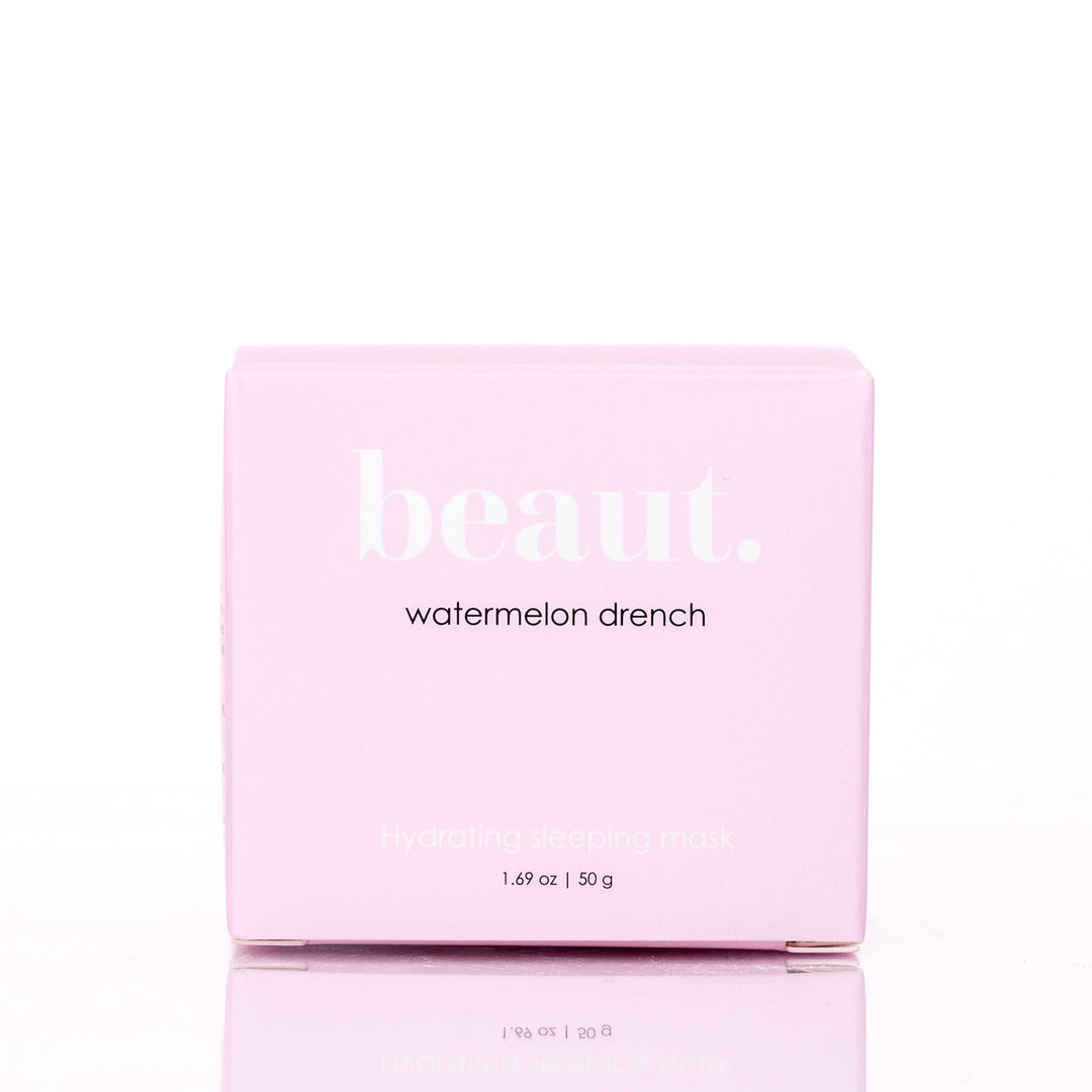 Beaut Watermelon Drench Hydrating Sleeping Mask 50g pink retail box front view on white reflective surface

