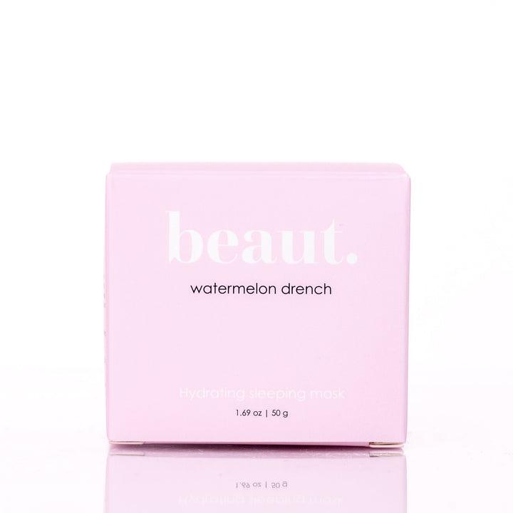 Beaut Watermelon Drench Hydrating Sleeping Mask 50g pink retail box front view on white reflective surface
