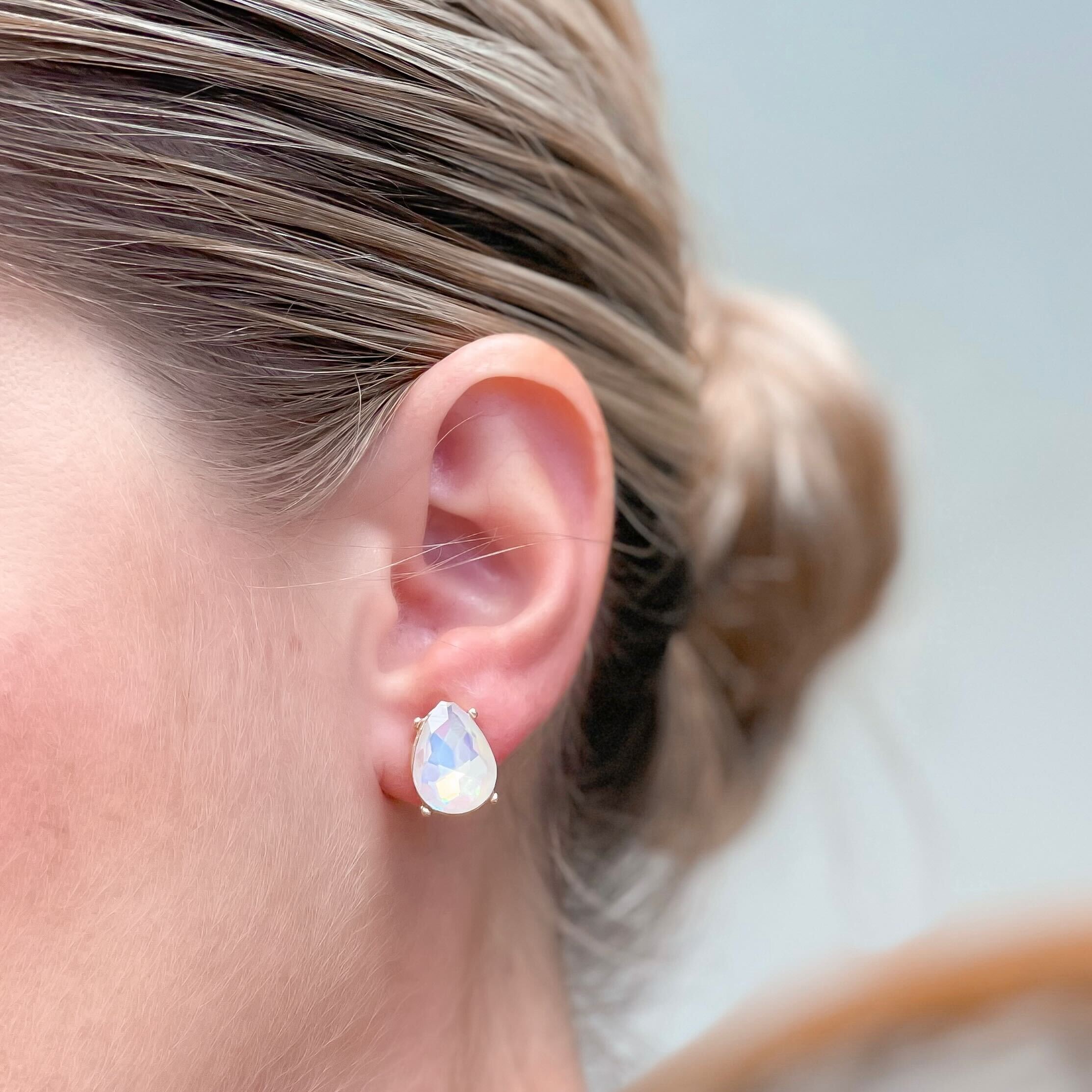 Iridescent Teardrop Glass Crystal Stud Earrings - White