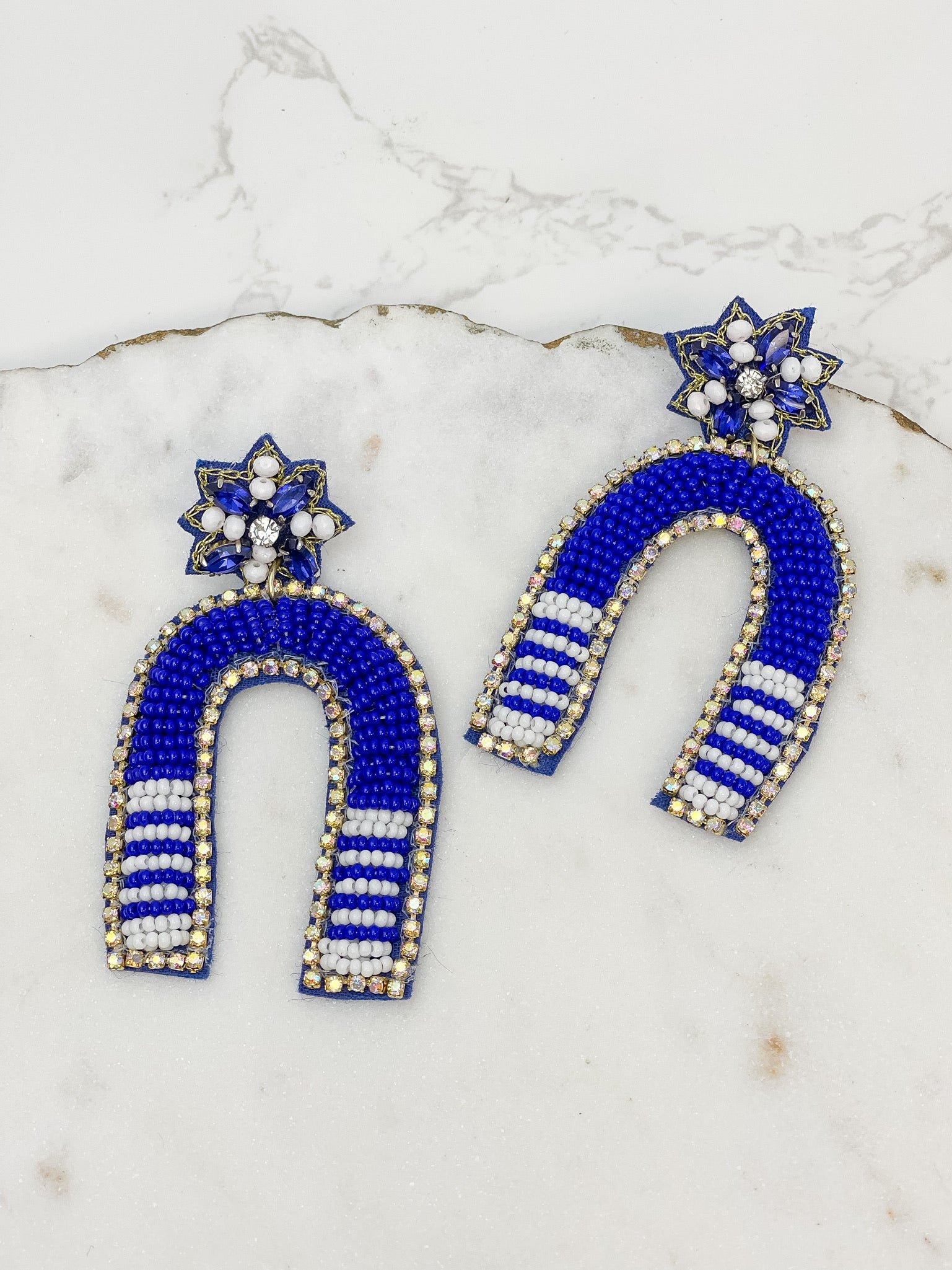 Game Day Beaded Arch Dangle Earrings - Blue & White