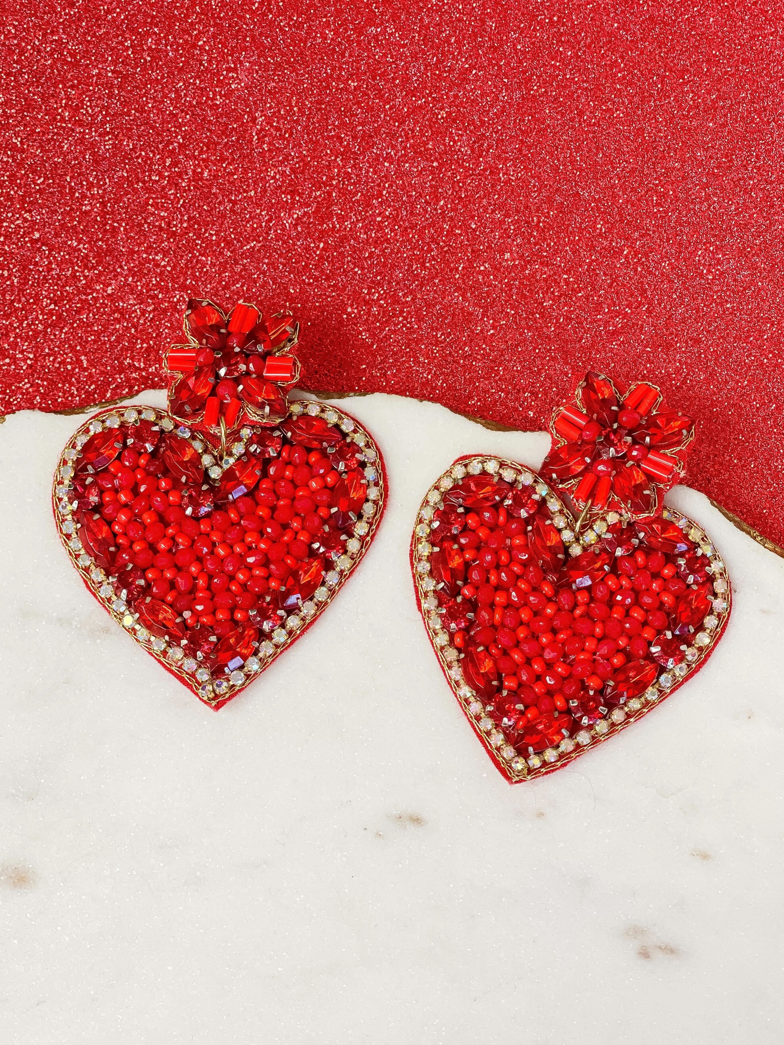 Glitzy Rhinestone Heart Dangle Earrings - Red