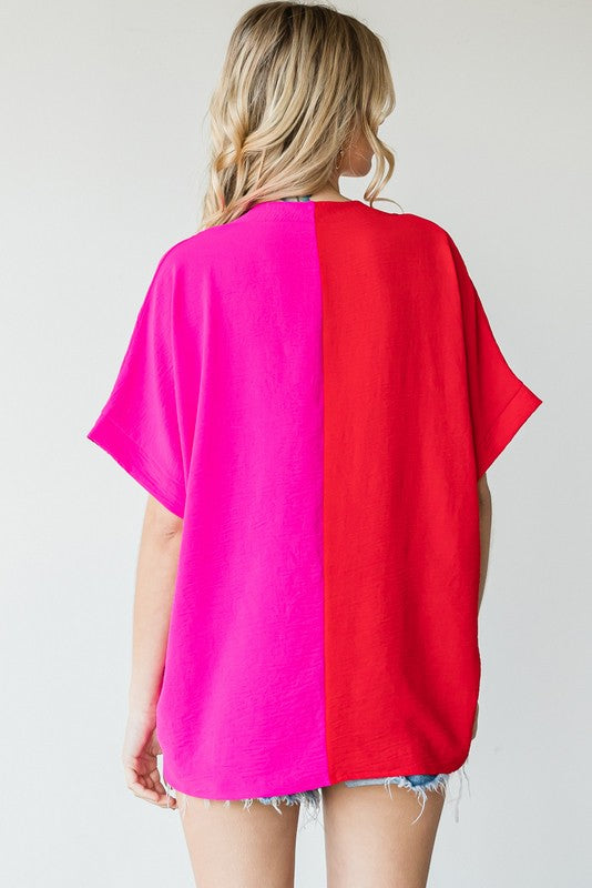 Duo-tone Colorblock Boxy Top in Hot Pink/Red