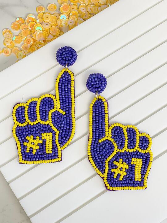 #1 Go Team Foam Finger Beaded Dangle Earrings - Purple & Yellow