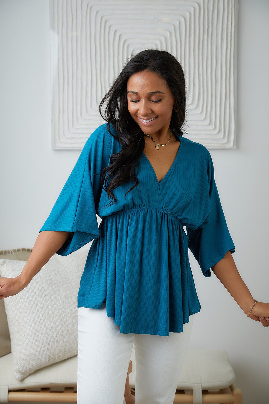 Storied Moments Draped Peplum Top in Teal (Ships in 1-2 Weeks)