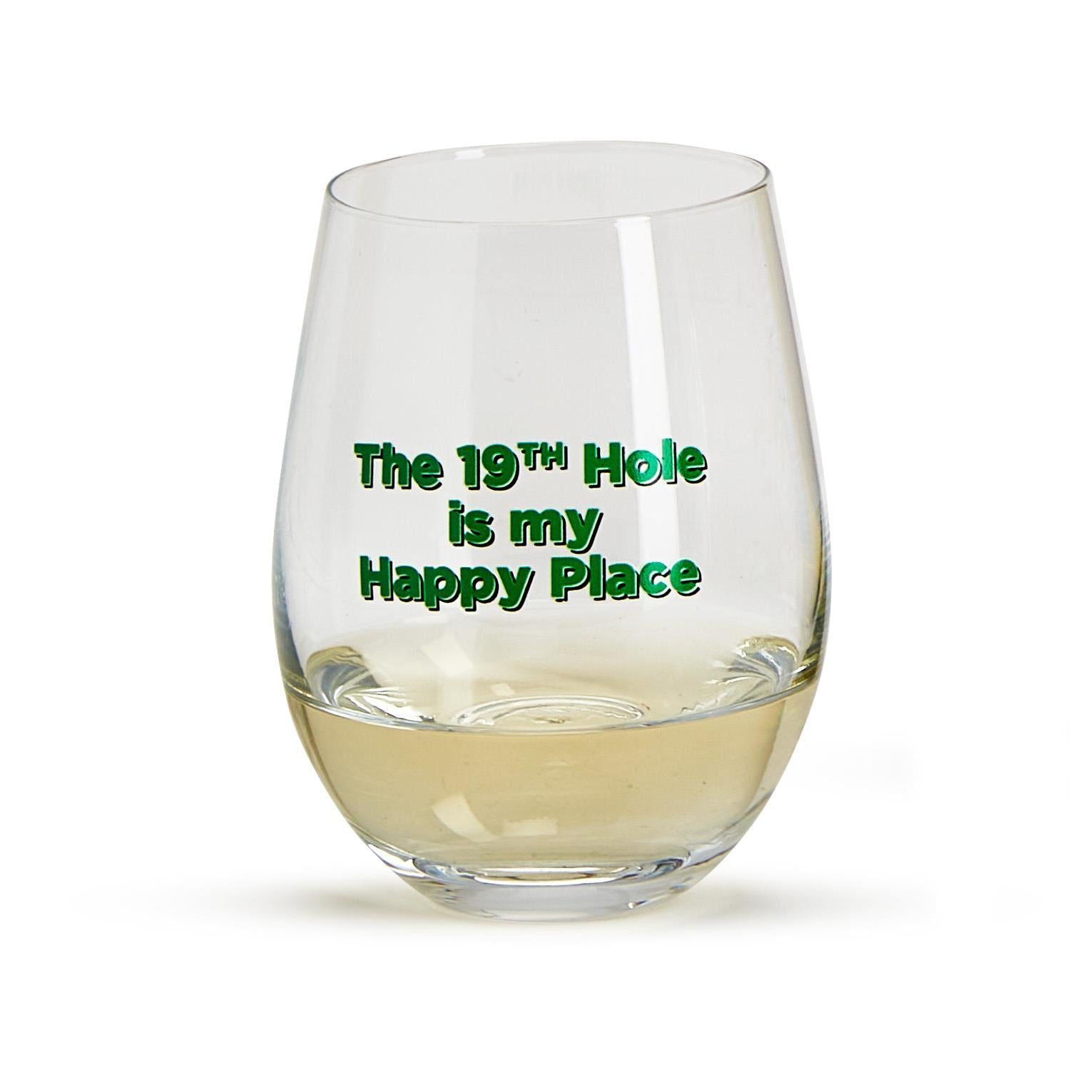 'The 19th Hole Is My Happy Place' Stemless Wine Glass & Stopper