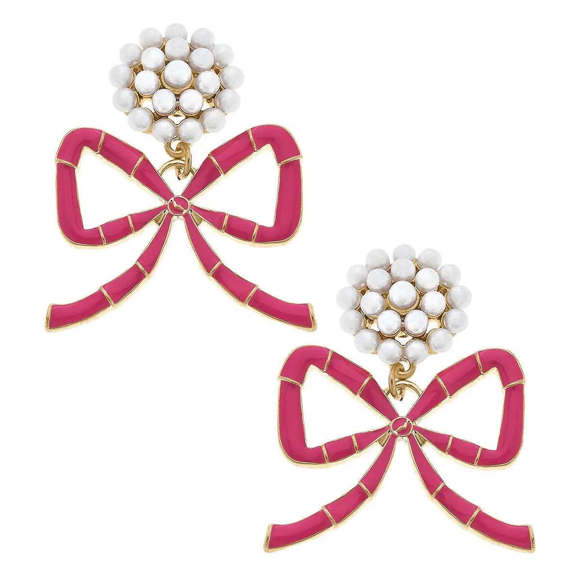 Pink Bamboo Bow Pearl Cluster Drop Earrings