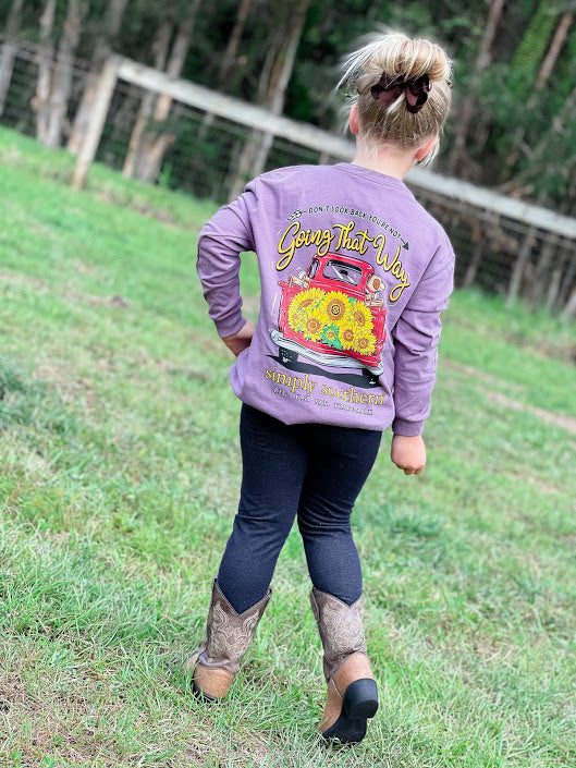 Youth 'Don’t Look Back You're Not Going That Way' Sunflower Truck Long Sleeve Tee by Simply Southern