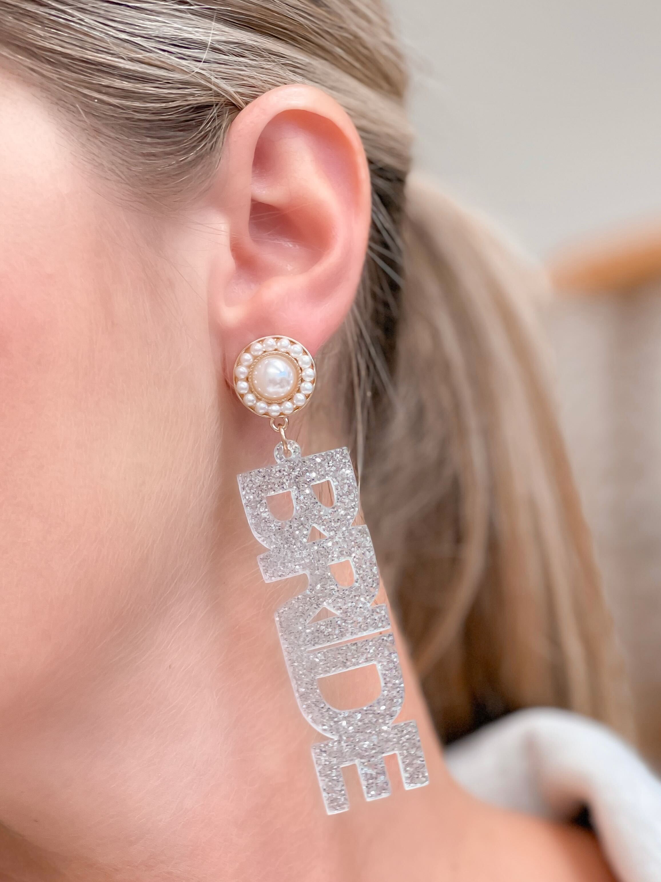 'Bride' Acrylic Silver Glitter Dangle Earrings
