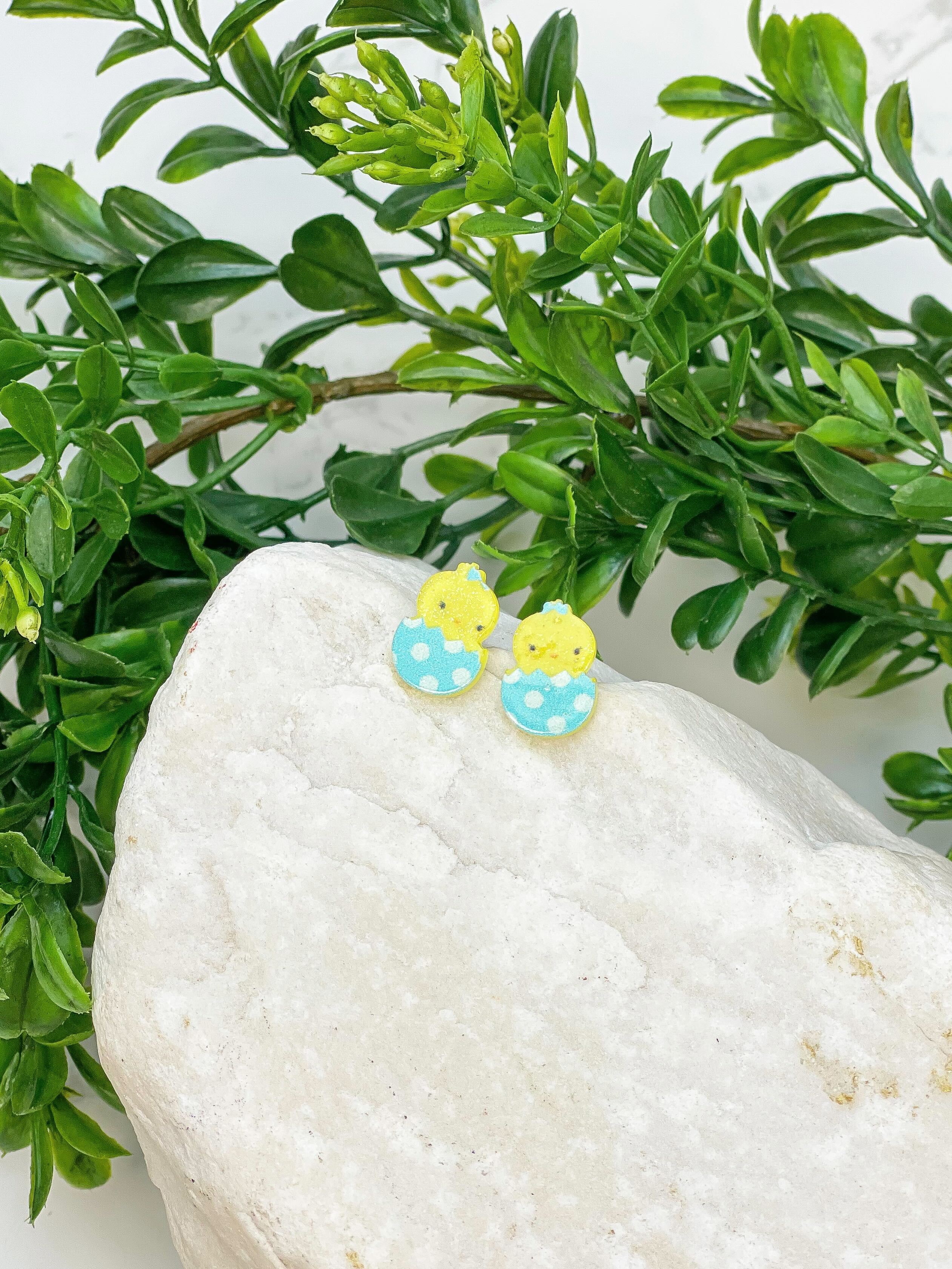 Acrylic Easter Chick Stud Earrings - Blue