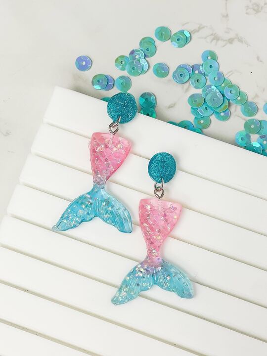 Acrylic Glitter Mermaid Dangle Earrings - Pink