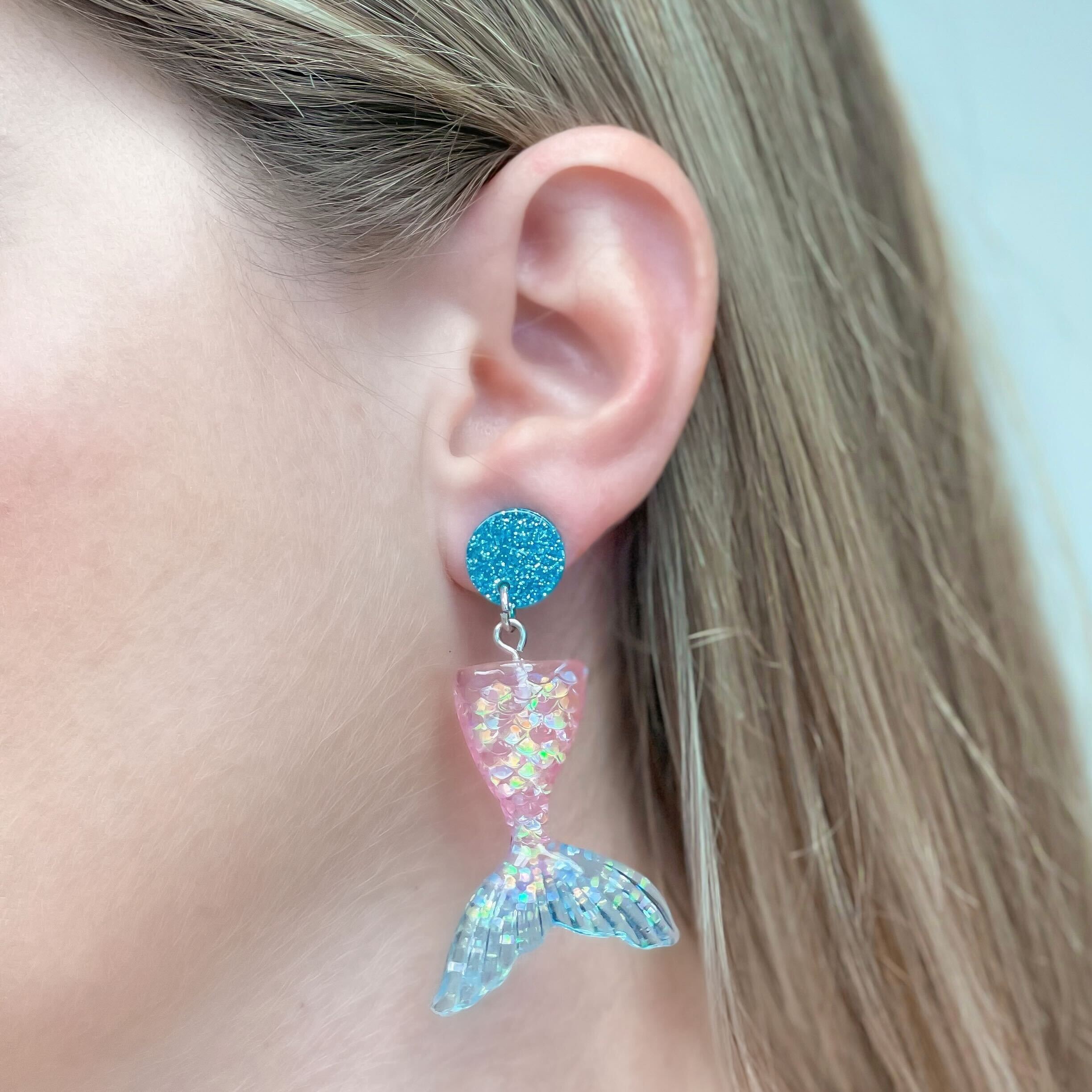 Acrylic Glitter Mermaid Dangle Earrings - Pink