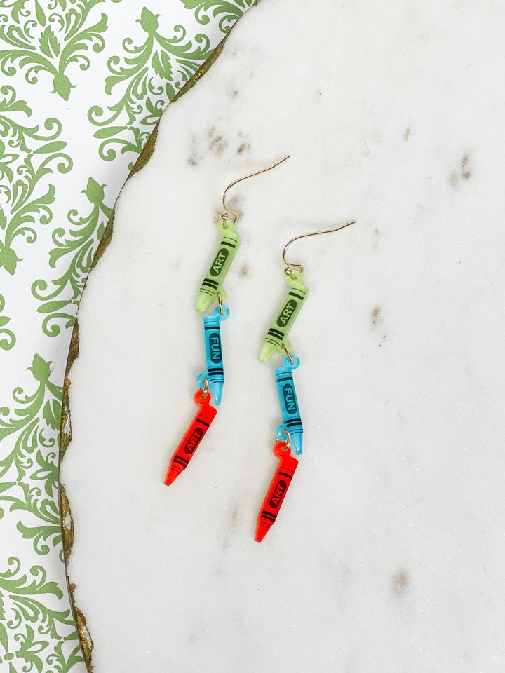 'Art' Acrylic Crayon Dangle Earrings - Blue Multi
