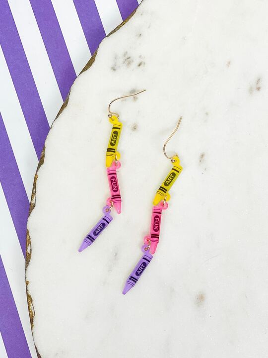 'Art' Acrylic Crayon Dangle Earrings - Pink Multi