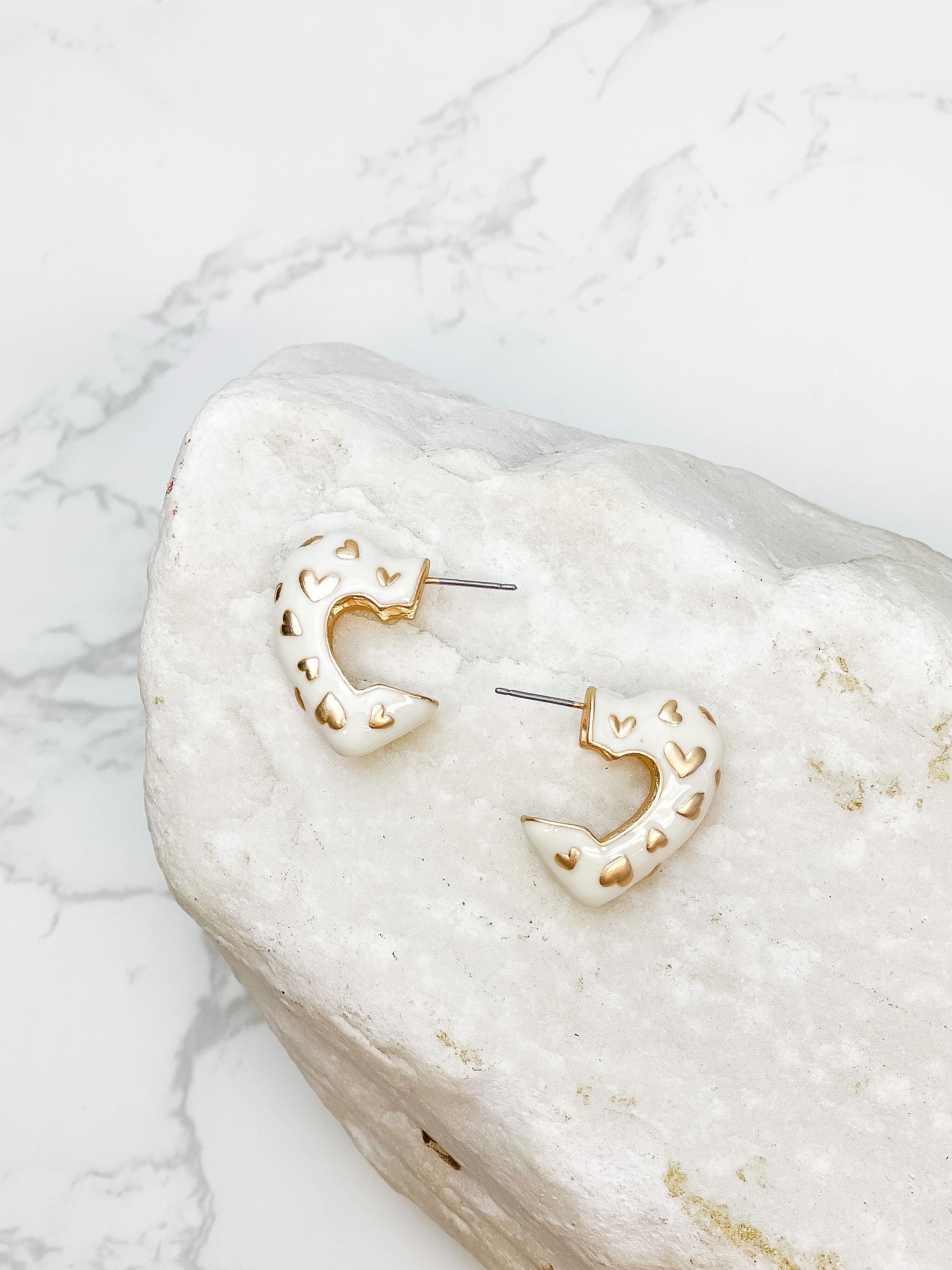 Enamel Heart Gold Mini Hoop Earrings - Ivory