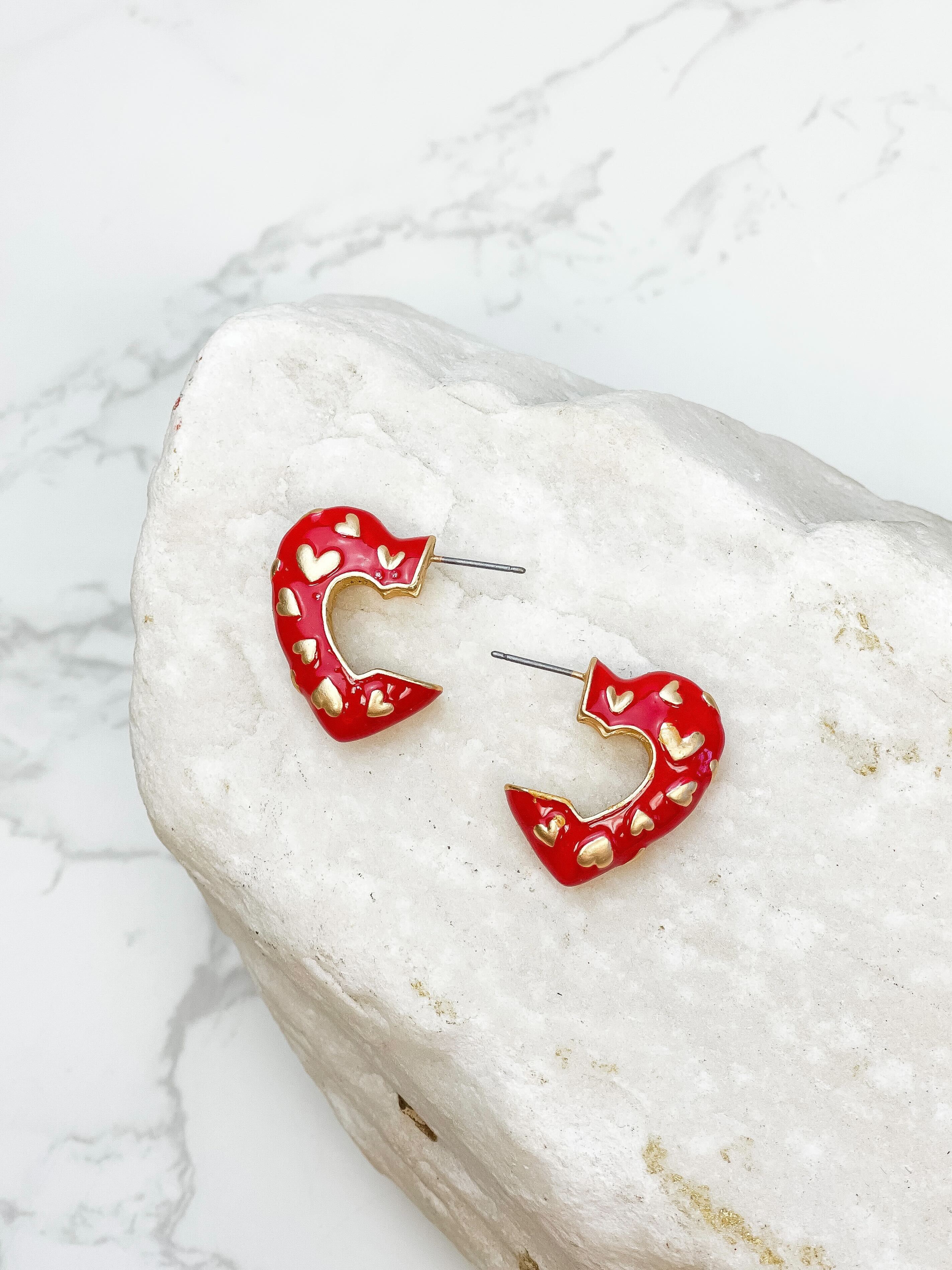 Enamel Heart Gold Mini Hoop Earrings - Red