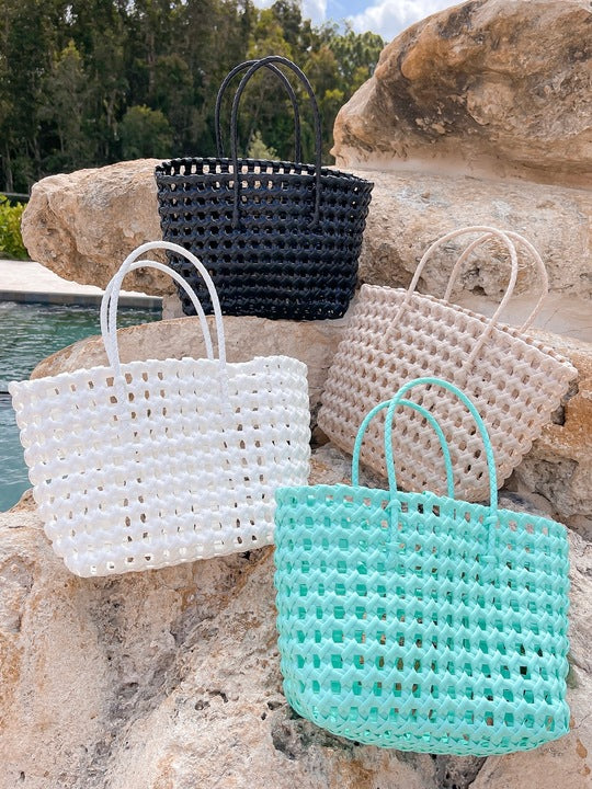 Basket Weave Plastic Tote Bag - Jet
