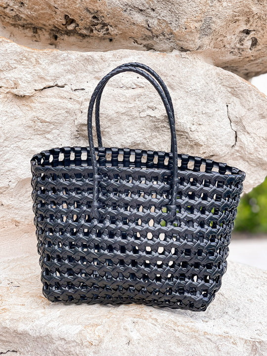 Basket Weave Plastic Tote Bag - Jet