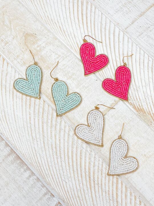 Heart Drop Beaded Dangle Earrings - Mint