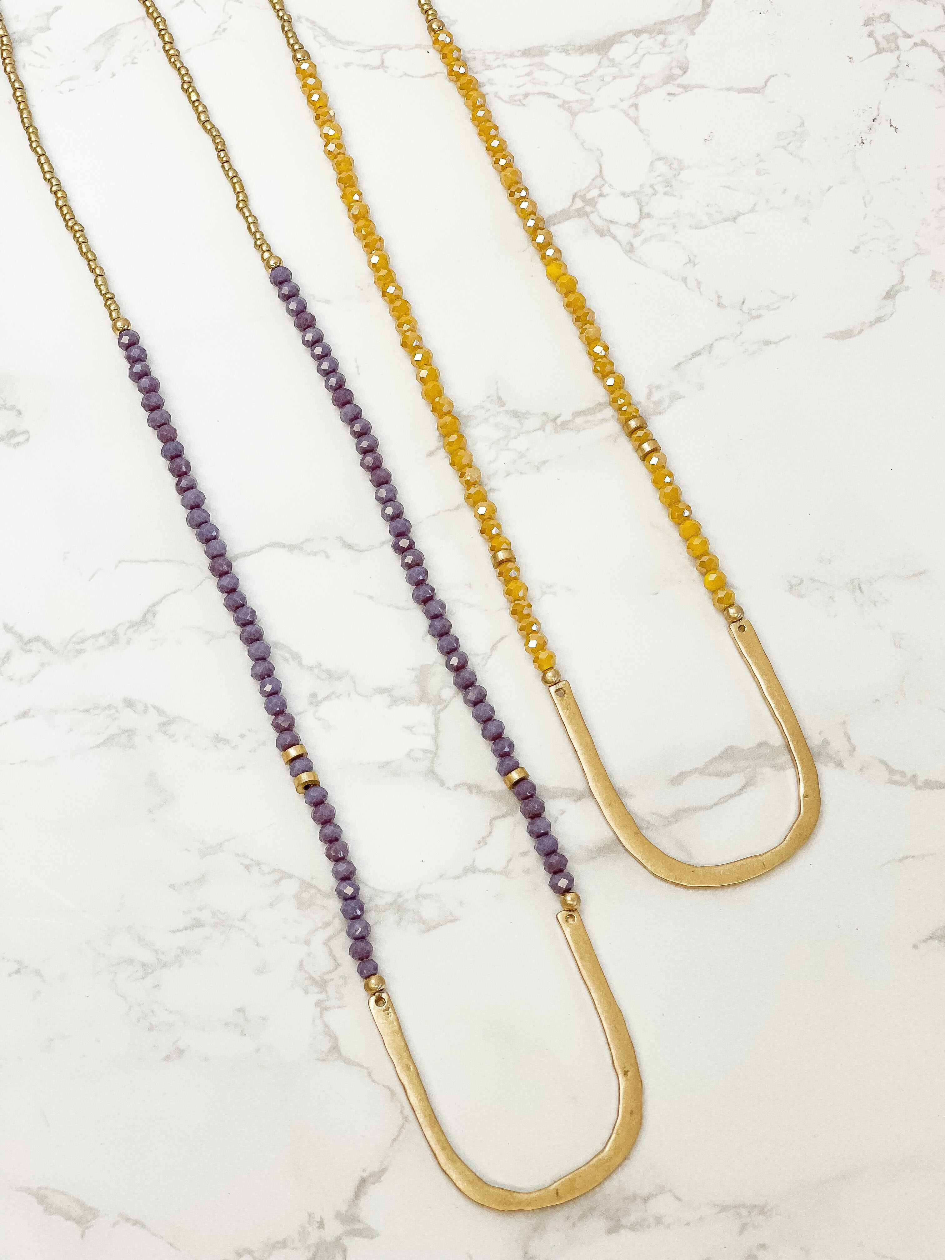 Long Beaded U Shape Pendant Necklace - Purple