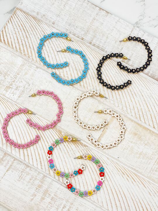 Beaded Mini Flower Lined Hoop Earrings - Aqua