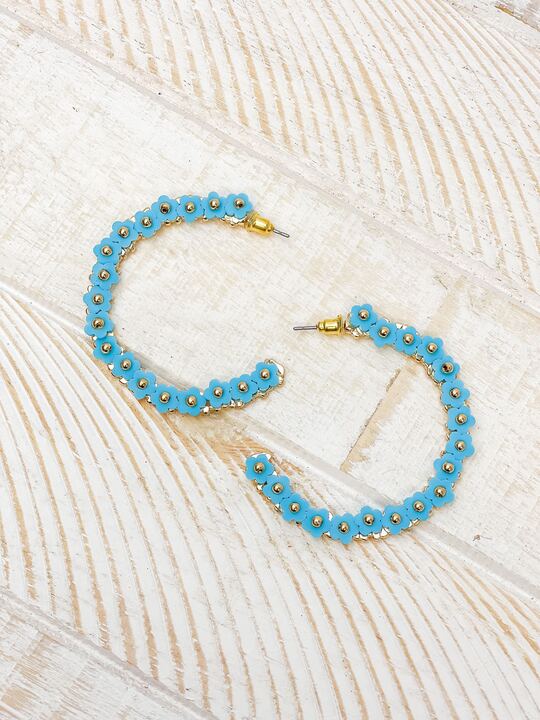 Beaded Mini Flower Lined Hoop Earrings - Aqua