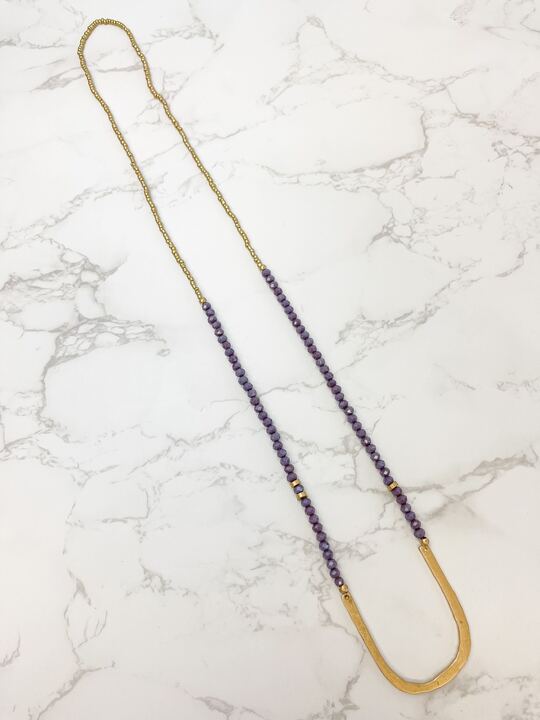 Long Beaded U Shape Pendant Necklace - Purple