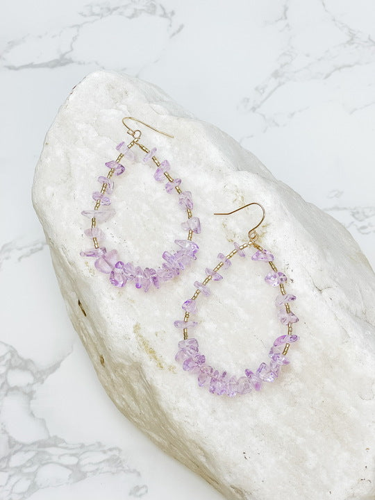 Oval Chip Beaded Earrings - Purple