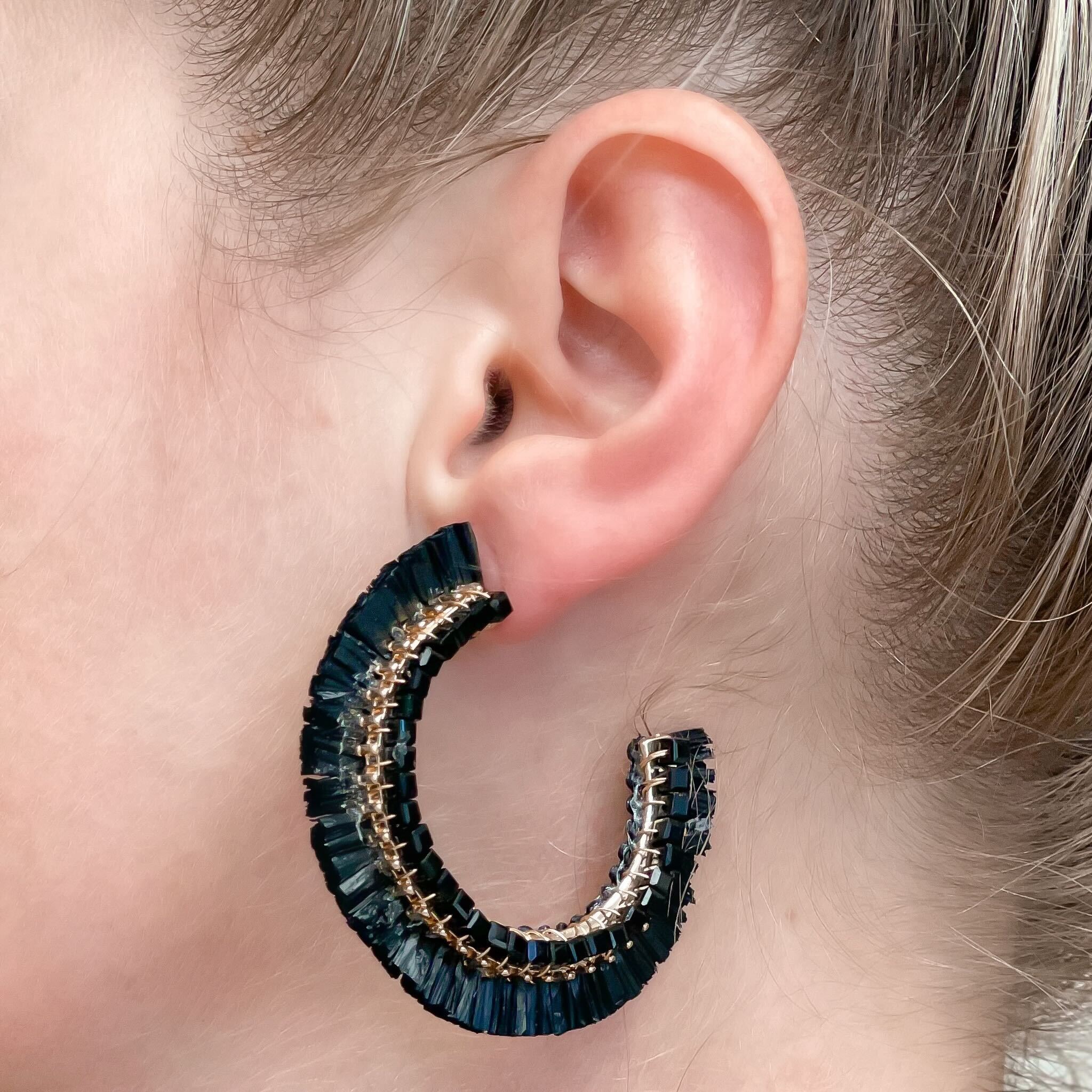 Beaded Raffia Hoop Earrings - Black