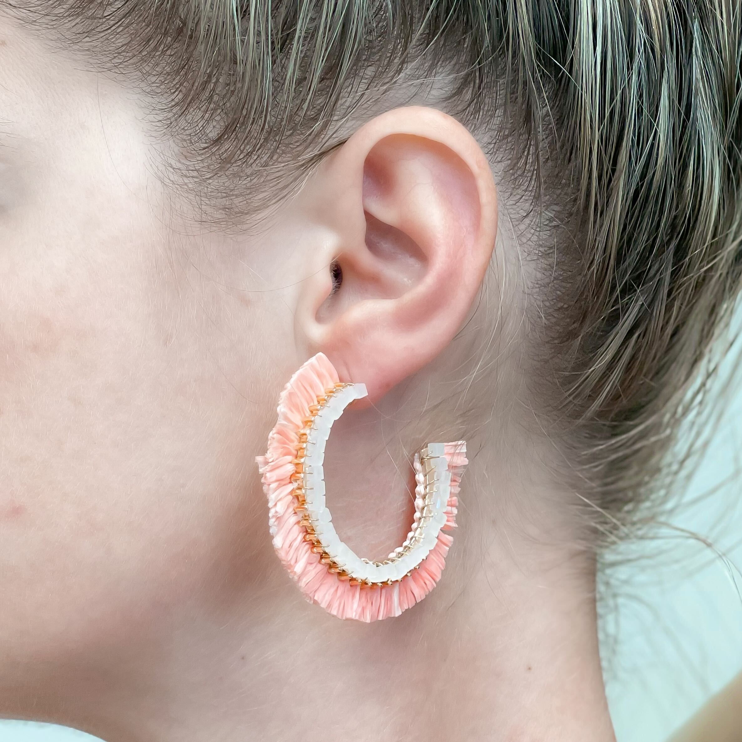Beaded Raffia Hoop Earrings - Coral