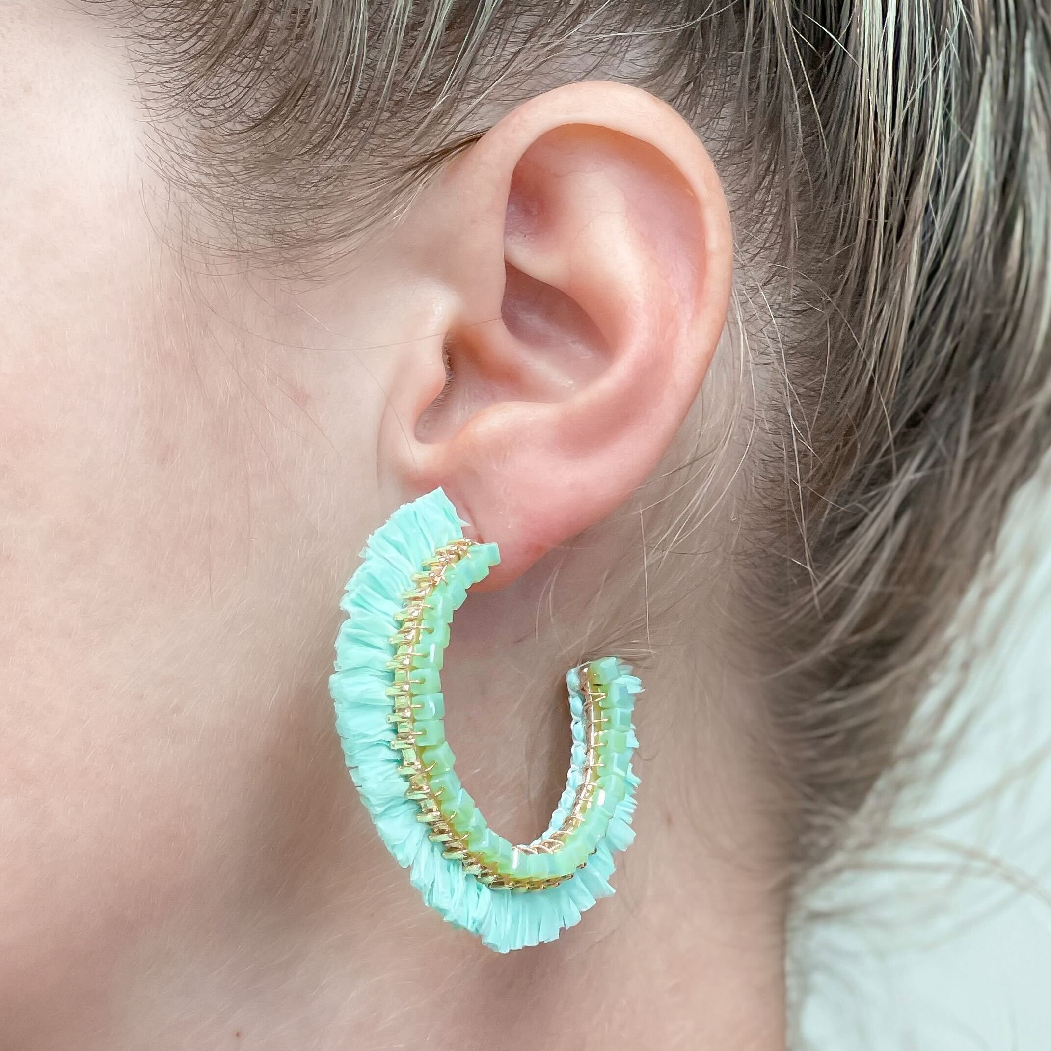 Beaded Raffia Hoop Earrings - Mint