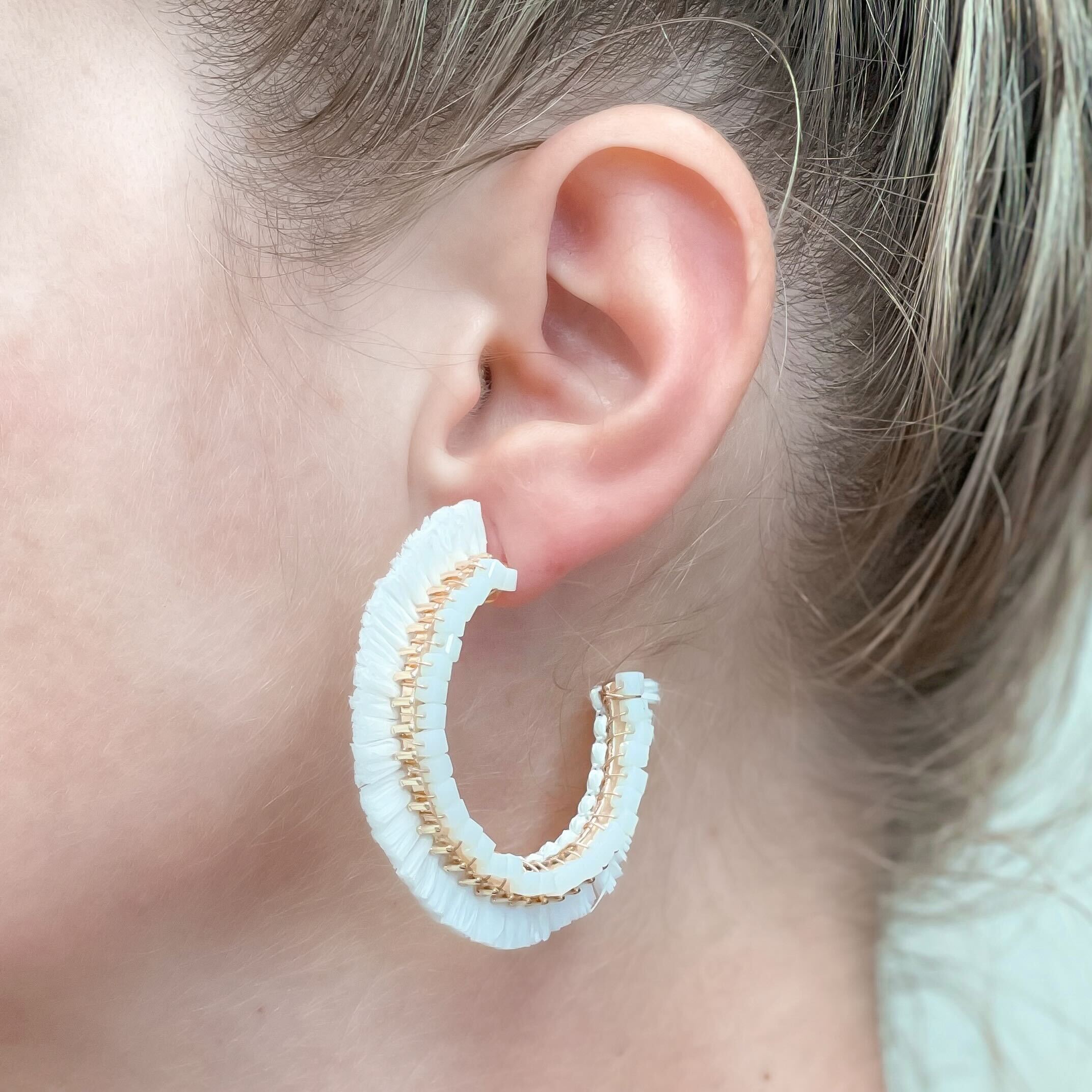Beaded Raffia Hoop Earrings - White