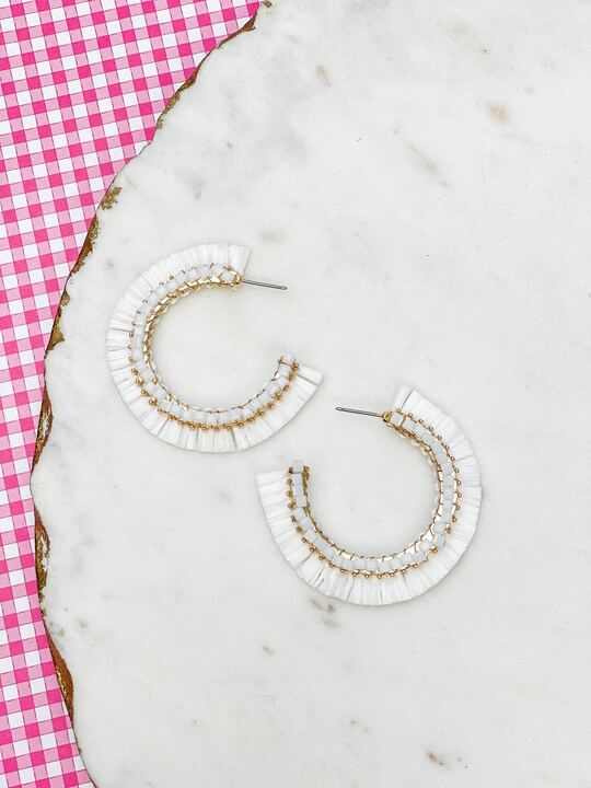 Beaded Raffia Hoop Earrings - White