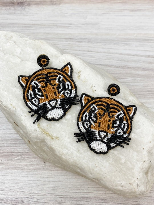 Beaded Tiger Dangle Earrings