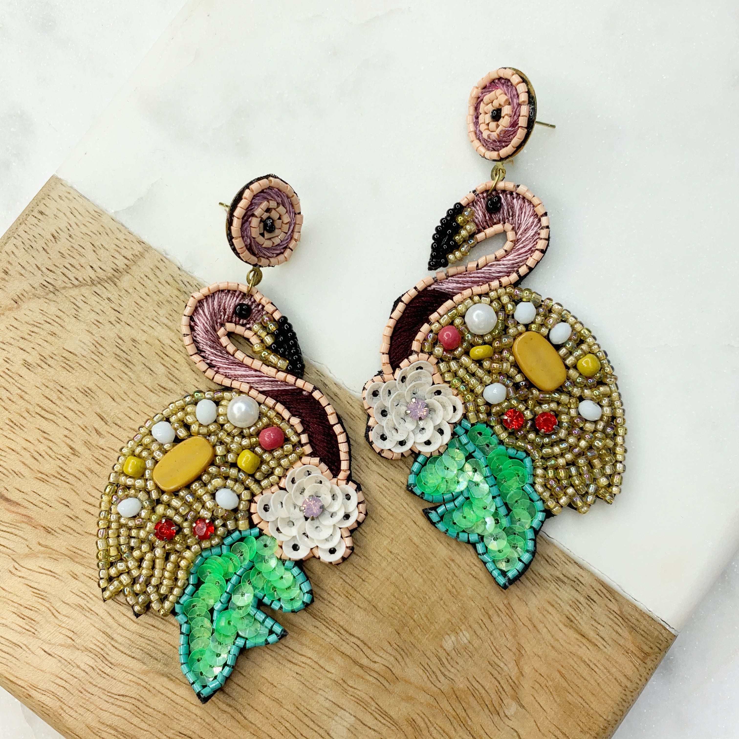 Flowers & Flamingo Beaded Dangle Earrings