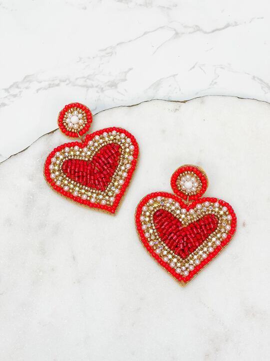 Beating Heart Beaded Dangle Earrings - Red