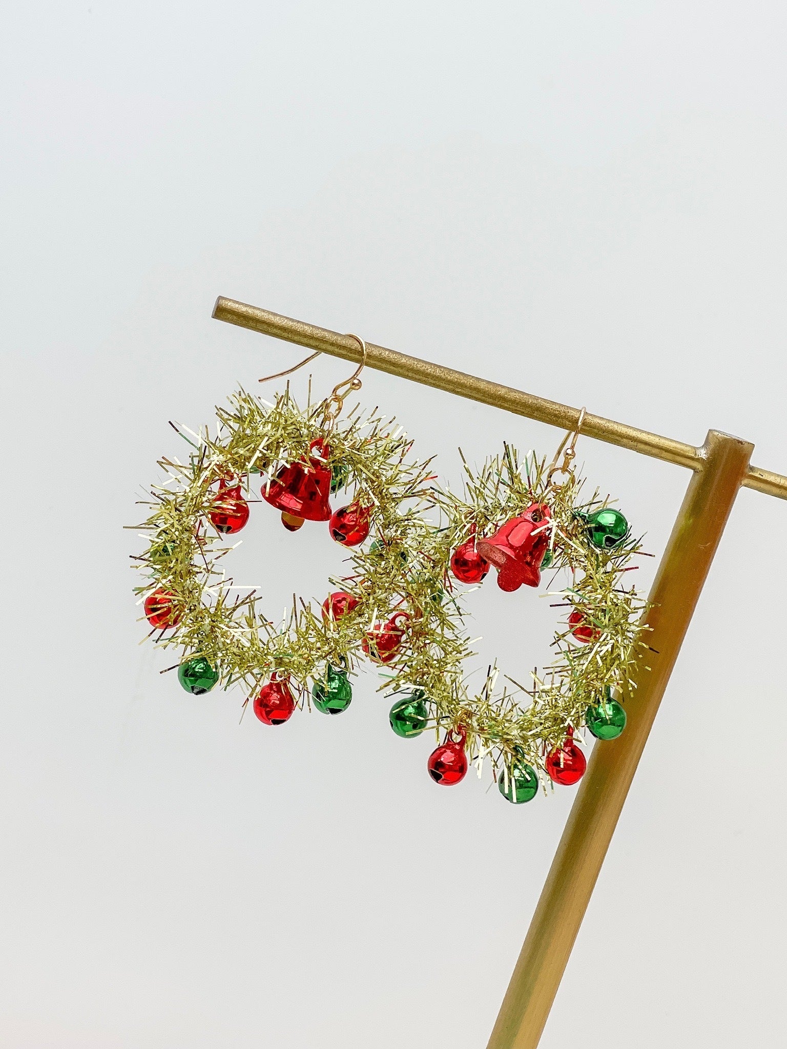 Jingle Bell Tinsel Wreath Dangle Earrings - Gold