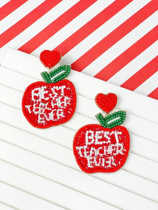 'Best Teacher Ever' Apple Beaded Dangle Earrings