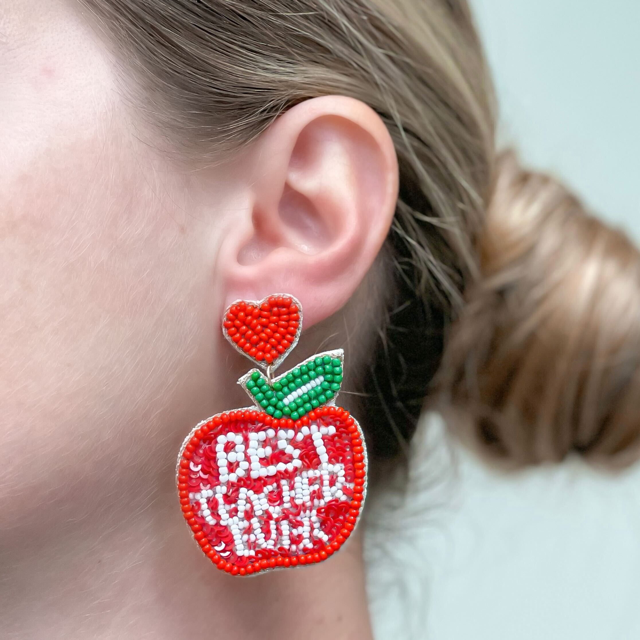 'Best Teacher Ever' Apple Beaded Dangle Earrings