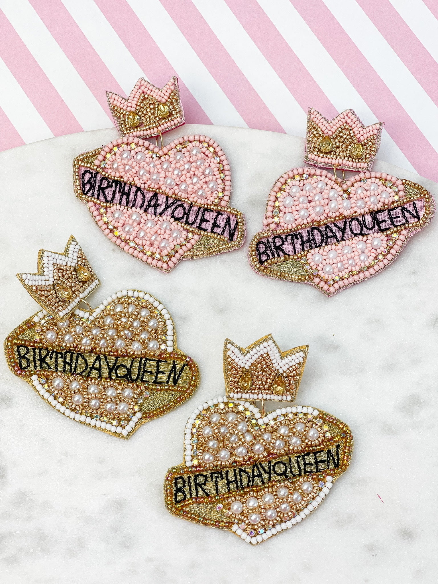 'Birthday Queen' Heart Beaded Dangle Earrings - White