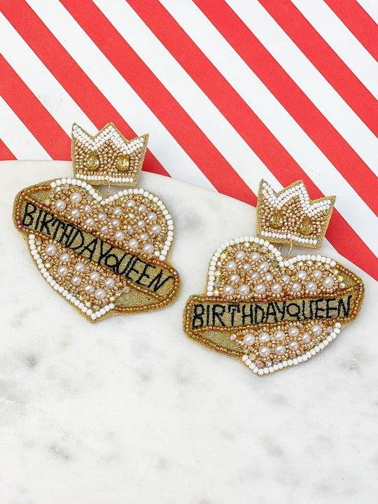 'Birthday Queen' Heart Beaded Dangle Earrings - White