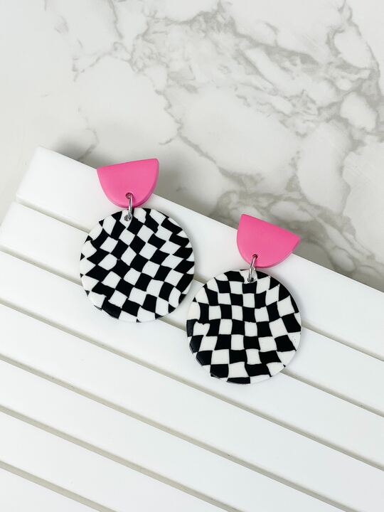 Black, White & Pink Geometric Clay Dangles - Checkered