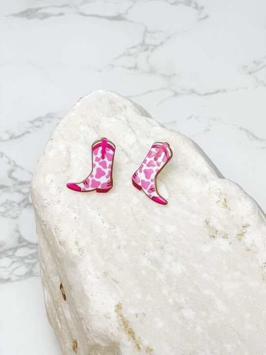 Cow Print Cowboy Boot Acrylic Stud Earrings - Pink