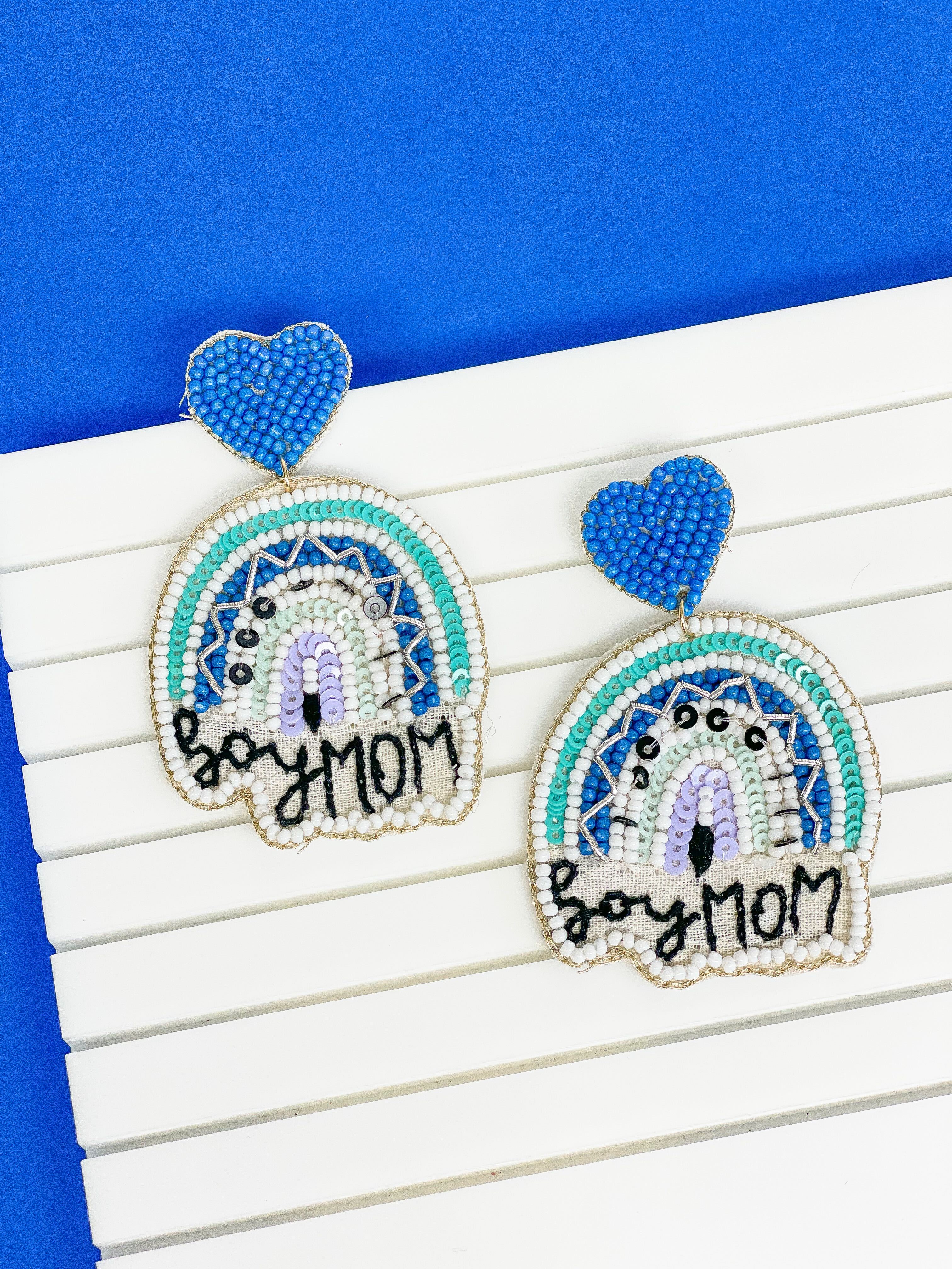 'Boy Mom' Blue Rainbow Dangle Earrings