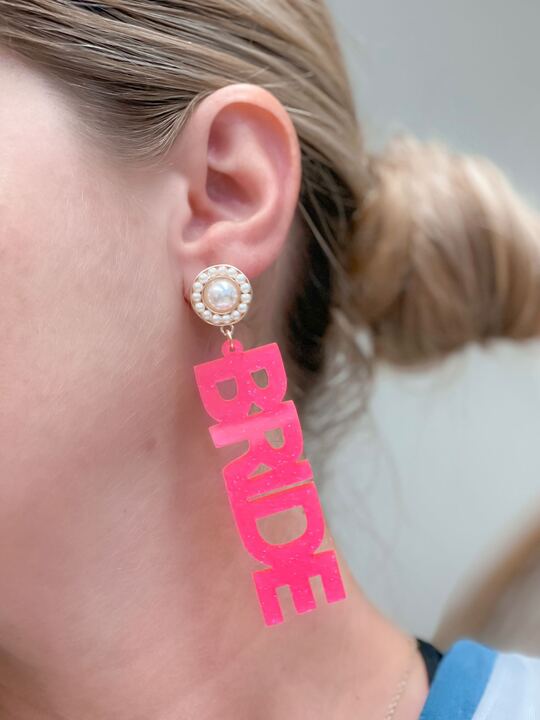 'Bride' Acrylic Glitter Dangle Earrings - Neon Pink