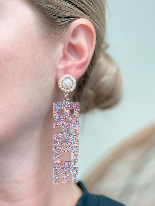 'Bride' Acrylic Glitter Dangle Earrings - Multi