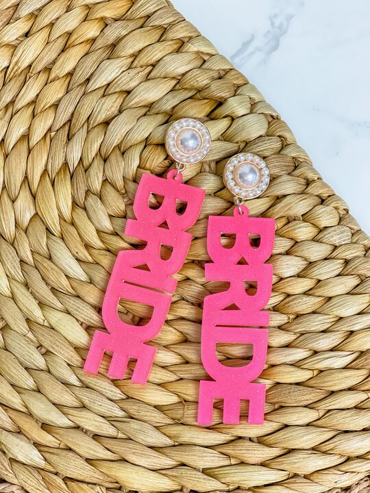 'Bride' Acrylic Glitter Dangle Earrings - Neon Pink