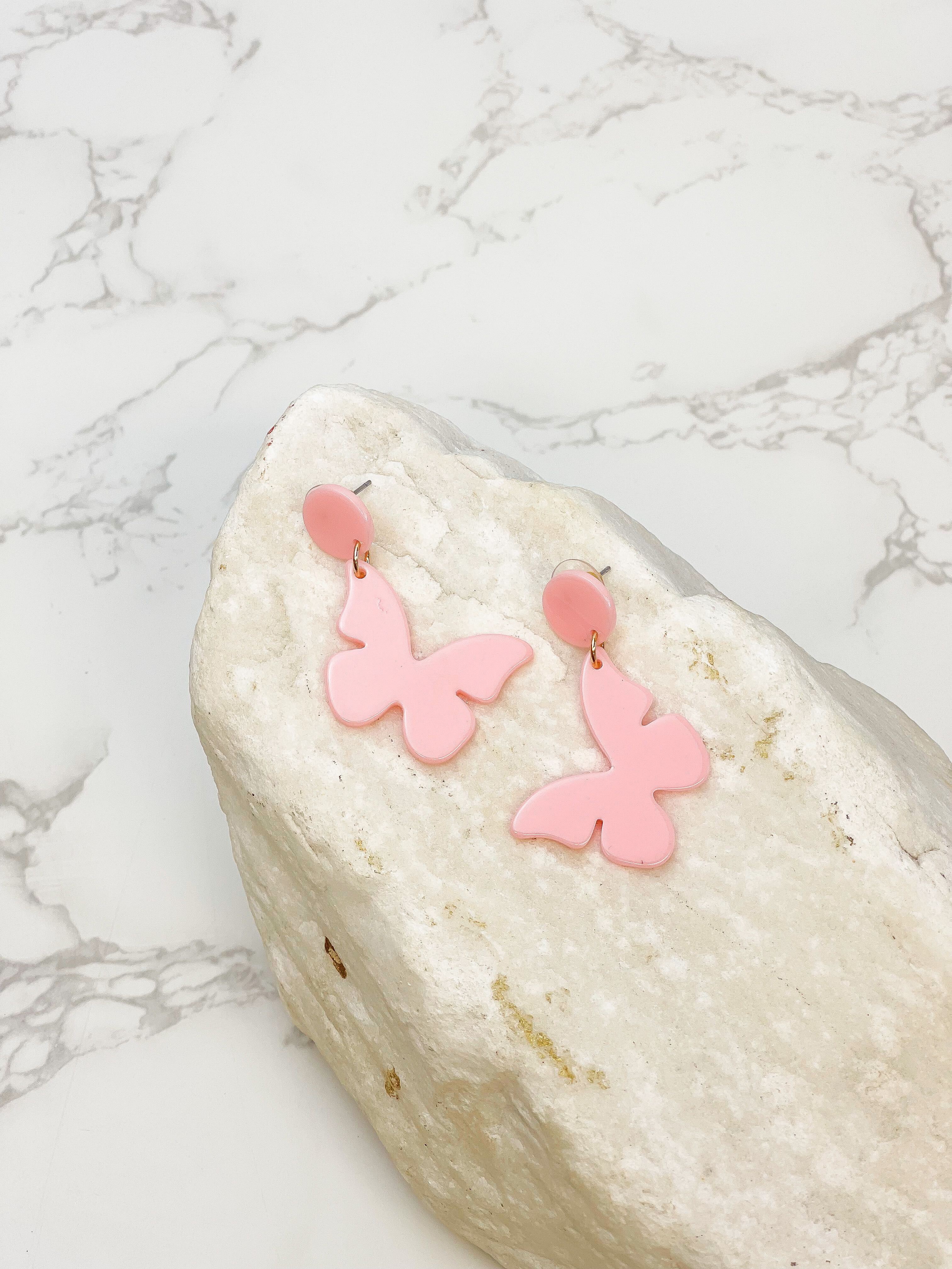 Acrylic Butterfly Dangle Earrings - Pink